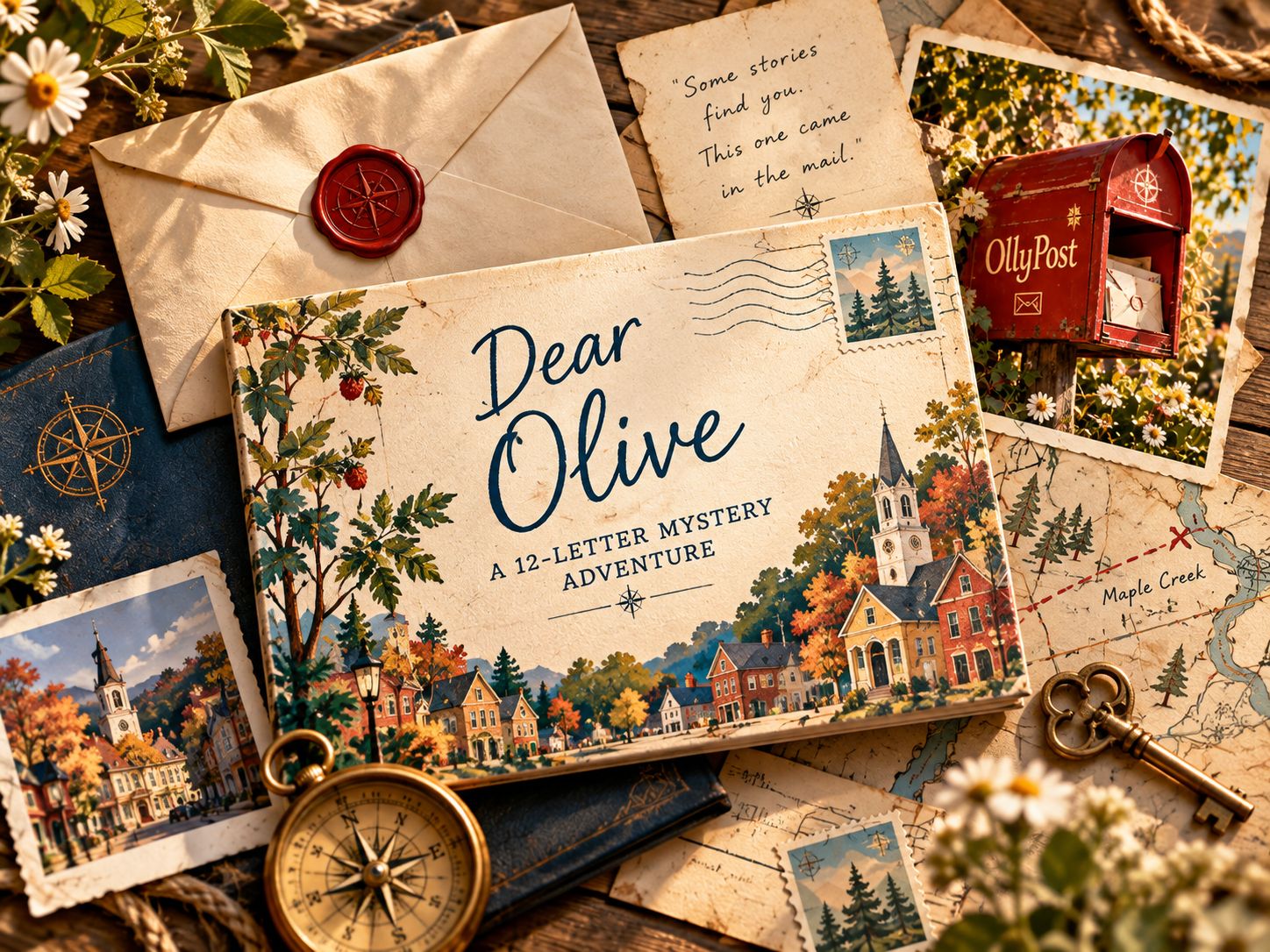 The Dear Olive 12-letter mystery adventure set with a wax-sealed letter, compass and map