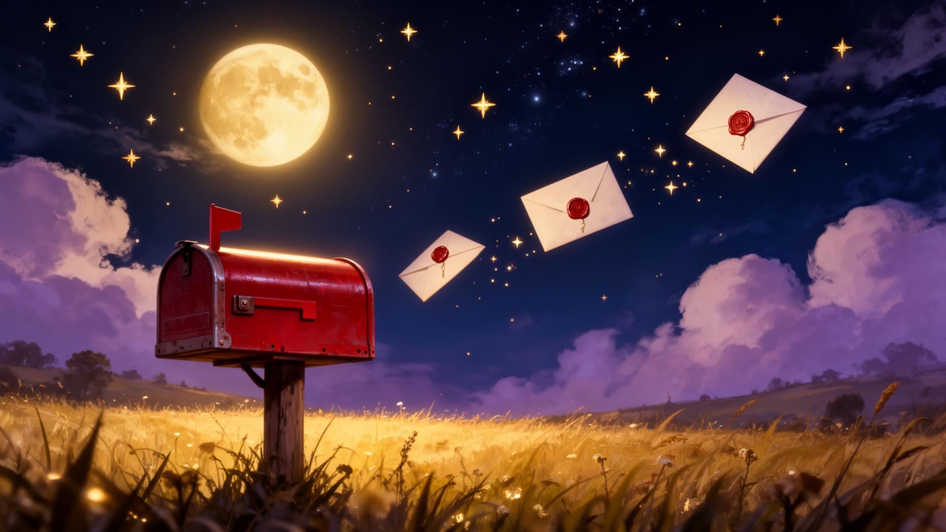 A glowing red mailbox under a moonlit sky with floating sealed envelopes
