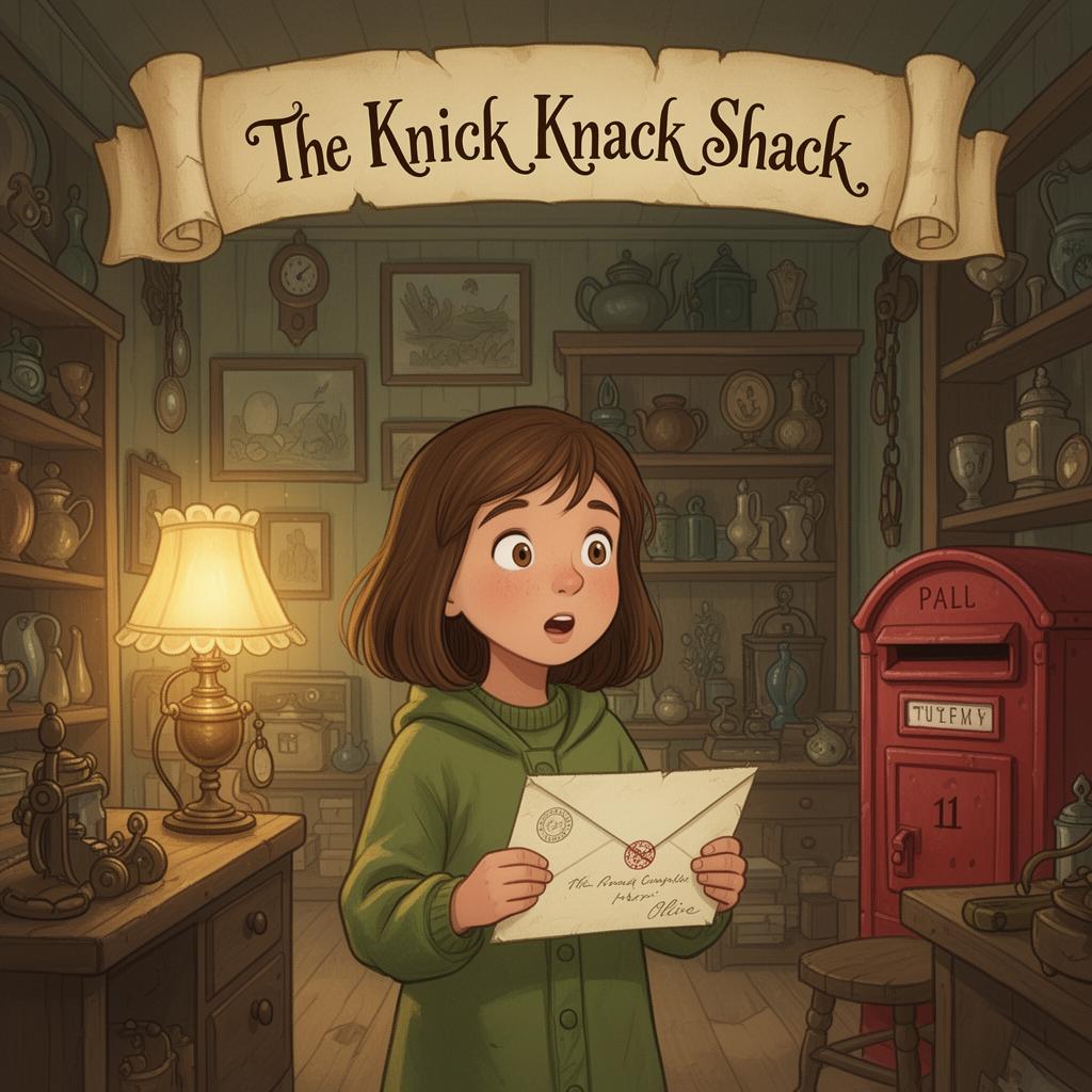 Olive Greene holding a letter inside her grandmother's antique shop