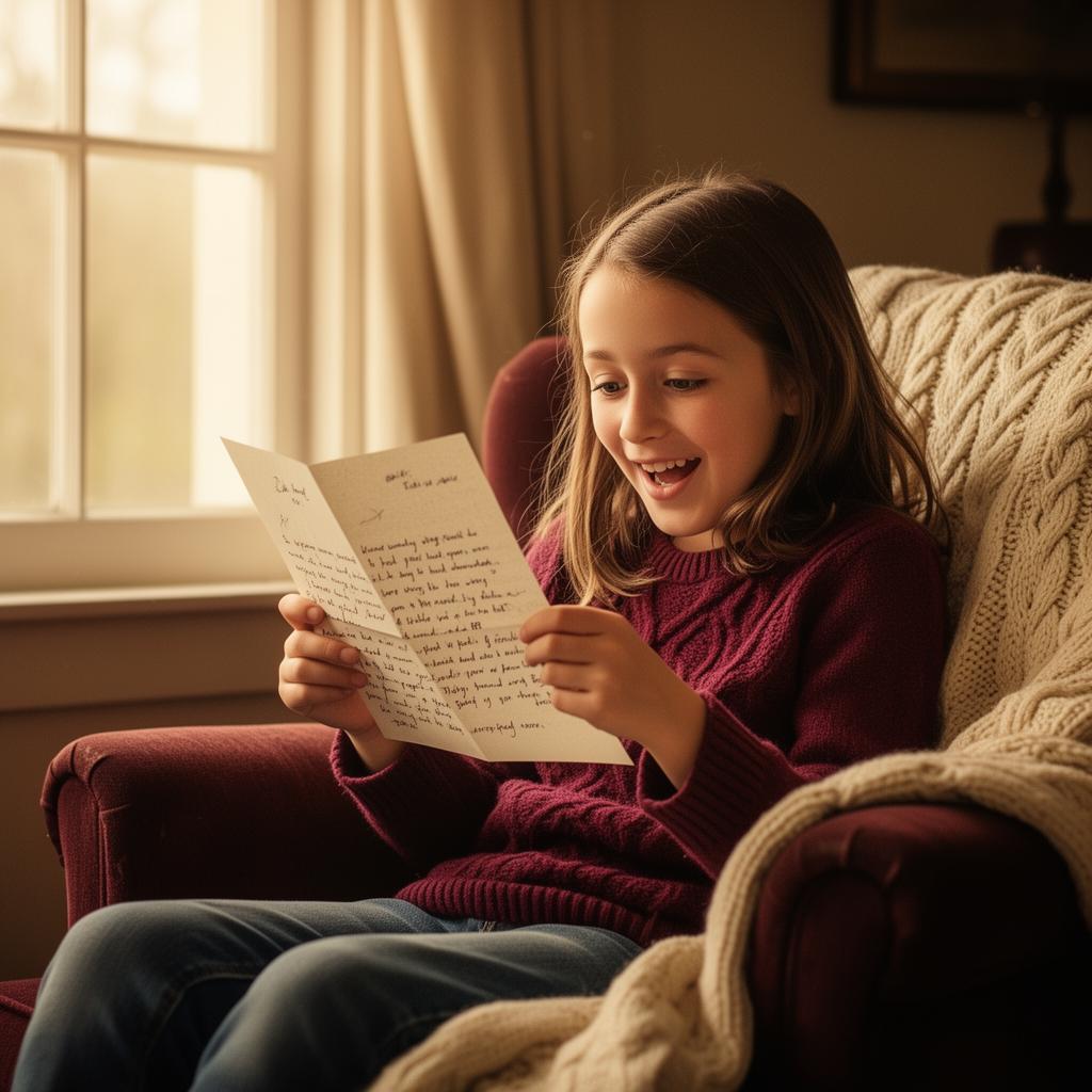 A young girl reading an OllyPost letter by the window