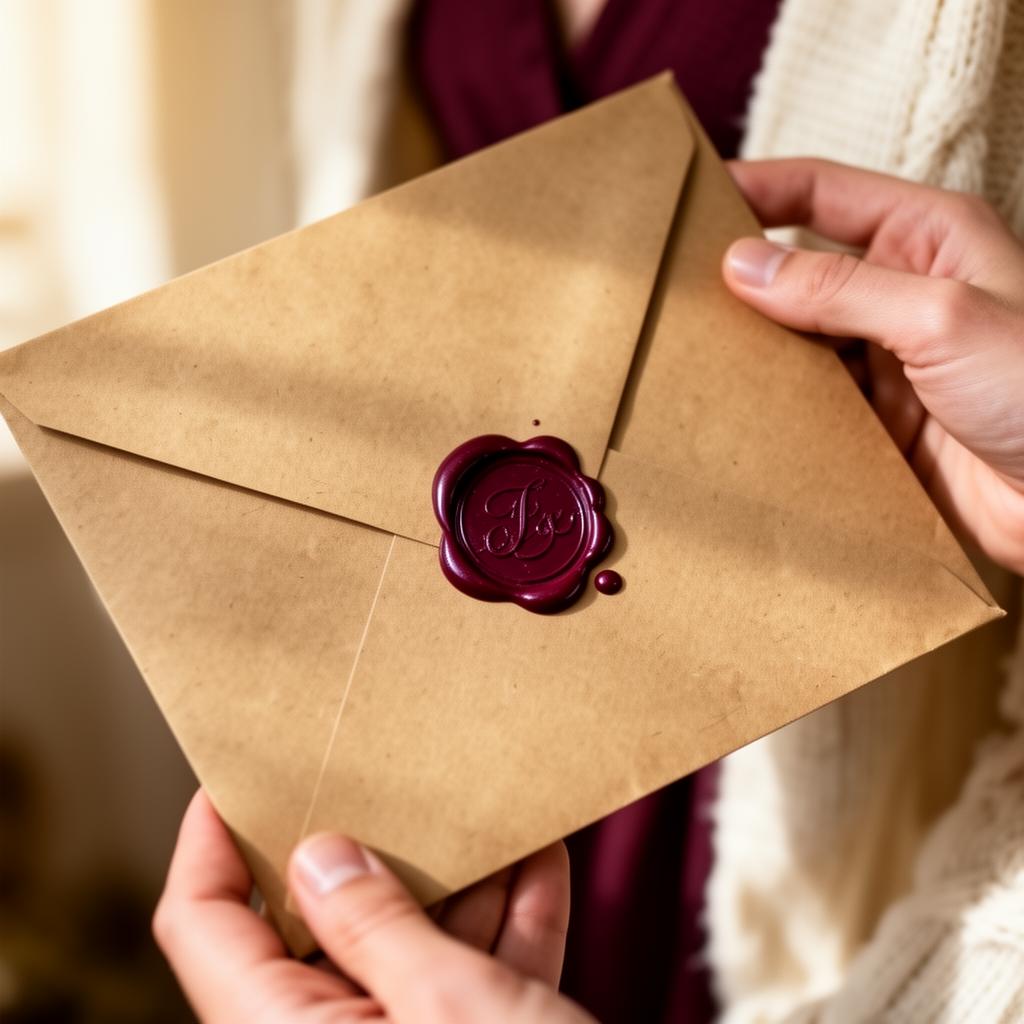 Hands holding a kraft envelope with a burgundy wax seal