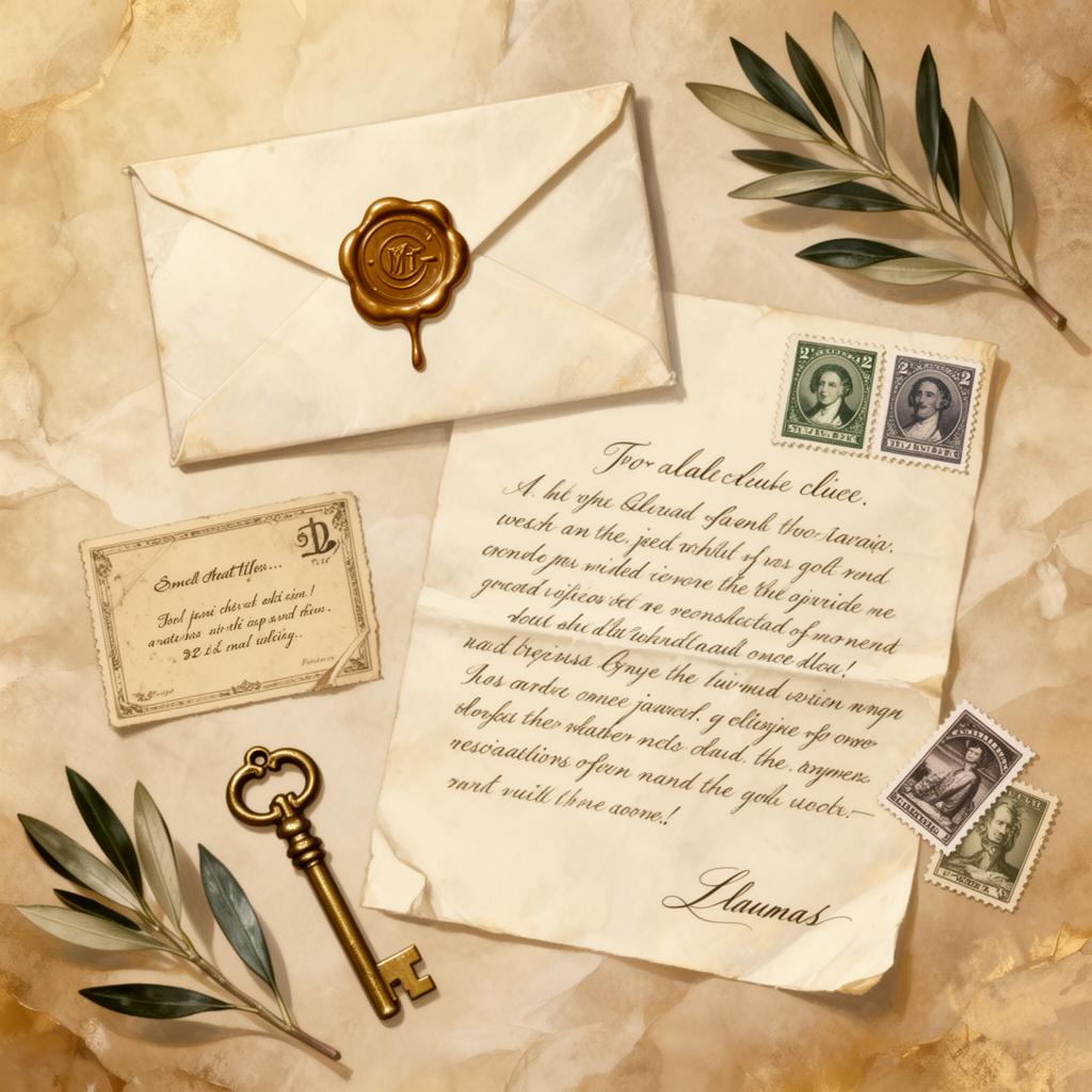A flat lay of an OllyPost delivery: sealed envelope, letter, vintage stamps, brass key, and olive leaves